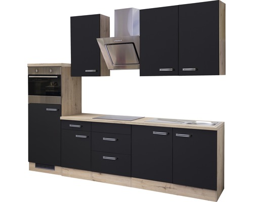 Cuisine complète avec appareils électriques, évier, plaque de cuisson, hotte aspirante, tiroirs et armoires