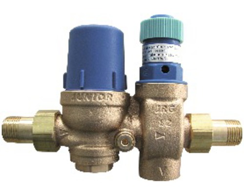 Réducteur de pression pour conduites d''eau avec boutons de réglage bleus et verts