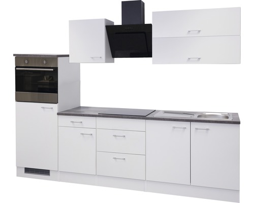 Küchenzeile mit Ober- und Unterschränken, Backofen, Kochfeld, Spüle und Dunstabzugshaube