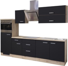 Cuisine complète avec meubles hauts, hotte aspirante, évier, plaque de cuisson et four