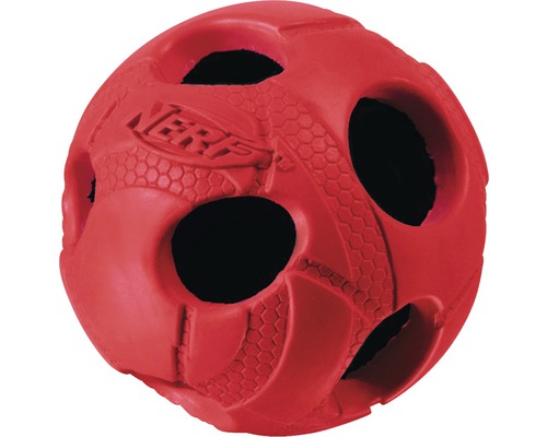 Roter Nerf Hundespielball mit Löchern