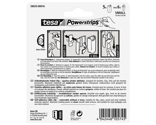 Tesa Powerstrips clips de câble, auto-adhésifs, réutilisables, adaptés aux surfaces lisses, 6 pièces