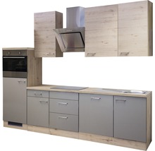 Küchenzeile mit Einbaubackofen, Dunstabzugshaube, Kochfeld und Spüle