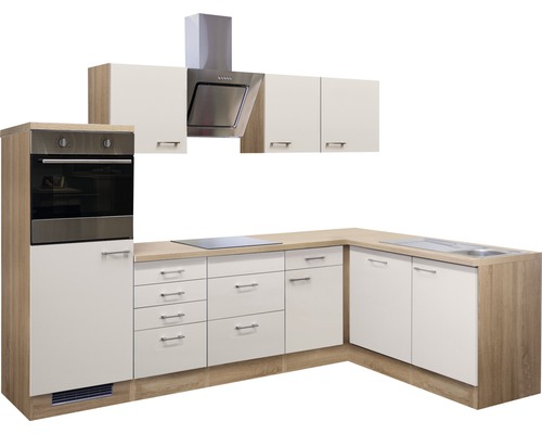 Cuisine complète avec évier, cuisinière, four, hotte et armoires