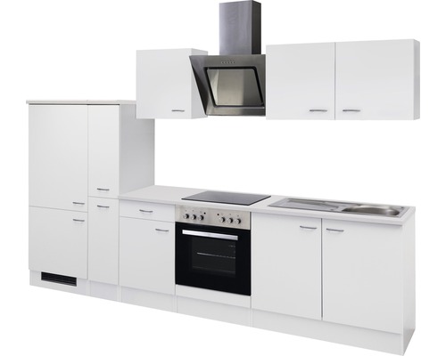 Weisse Küchenzeile mit Dunstabzugshaube und Elektrogeräten