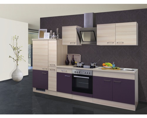 Bloc cuisine complète équipée Flex Well Focus 300 cm façade acacia aubergine mate, corps acacia variante réversible démonté