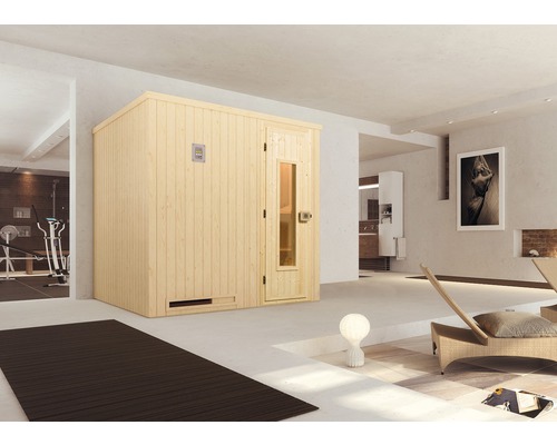 Sauna modulaire Weka Halmstad taille 2 avec poêle 7,5 kW et commande numérique avec porte en bois et verre isolant thermiquement