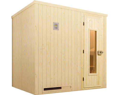 Holzsauna mit Steuerungselement und Glastür