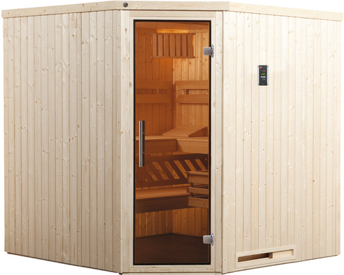 Ecksauna mit Glastür und Saunasteuerung