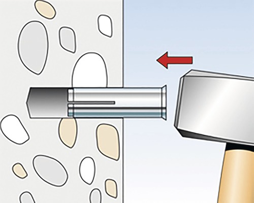 Illustration eines Dübels, der mit einem Hammer in eine Wand eingeschlagen wird.