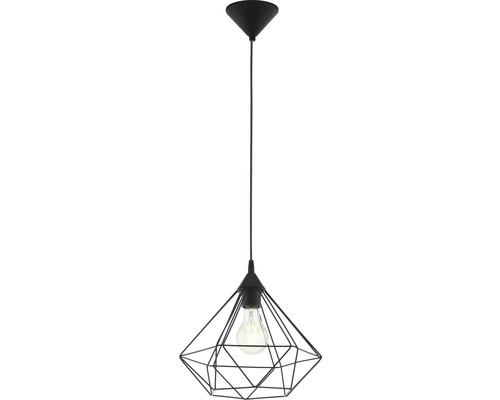 Schwarze Pendelleuchte mit geometrischem Lampenschirm und Glühbirne