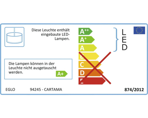 Energielabel der Lampe mit fest verbauten LEDs.