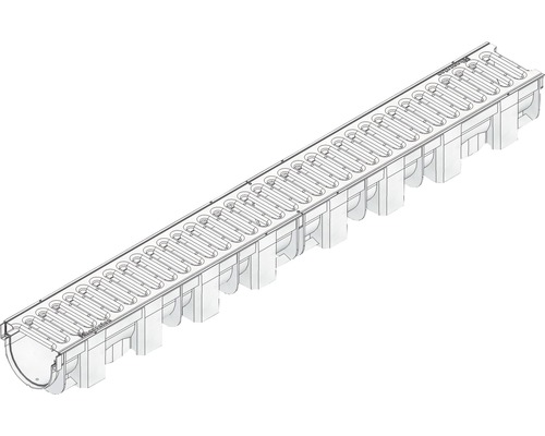 Hauraton TOP X Kunststoffrinne aus PP mit Klemm Stegrost verzinkt silberfarben 1000 x 119 x 89 mm