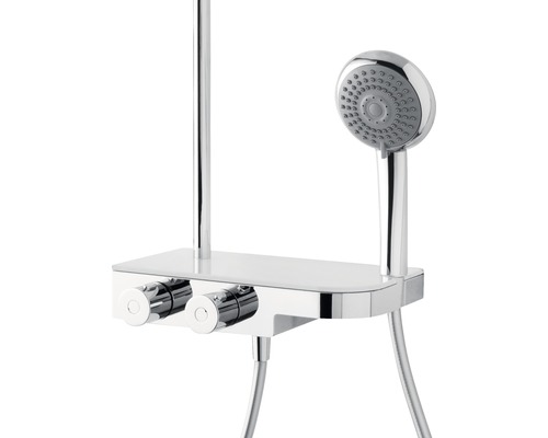 Robinet de douche avec douchette à main et étagère