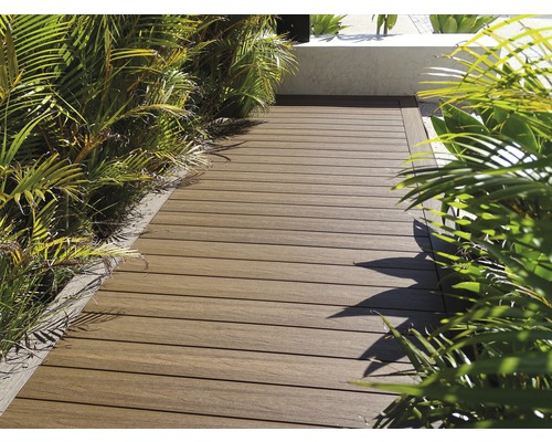 Allée de jardin en lames de terrasse entre les plantes