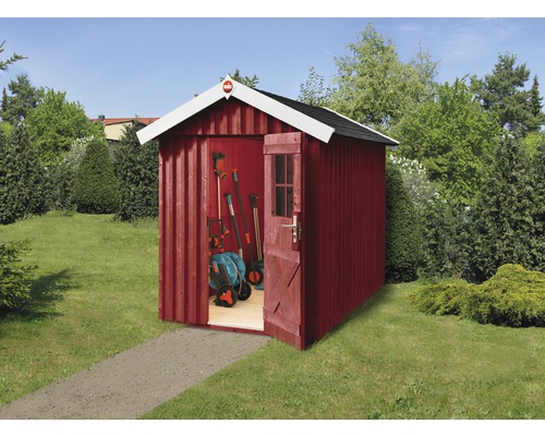Remise à outils weka Öland taille 2 avec plancher, 162x246 cm, rouge de falun Armoire de jardin en bois avec porte ouverte et outils de jardin à l''intérieur.