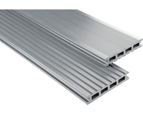 Kit de planches pour terrasse en PVC Konsta gris 12 m² comprenant planches pour terrasse en PVC, soubassement et matériel de montage