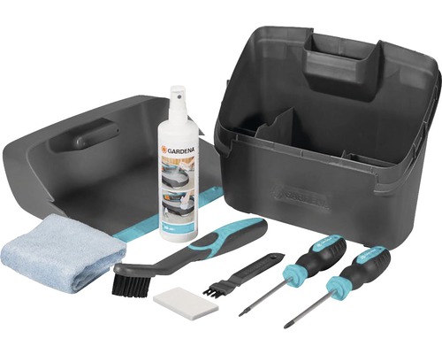 Kit de nettoyage et d''entretien pour robots tondeuses Gardena avec liquide de nettoyage, brosses, tournevis, chiffon et boîte de rangement