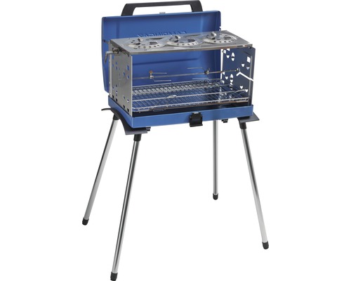 Gril de camping avec trois brûleurs et broche sur trépied