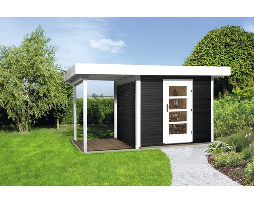 Modernes Gartenhaus mit Flachdach und überdachter Terrasse im Garten