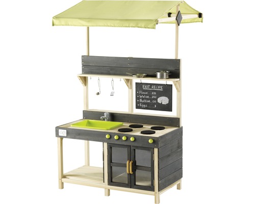 Cuisine enfant en bois avec auvent, évier, plaques de cuisson, four, tableau noir et accessoires