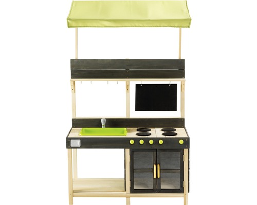 Cuisine enfant en bois avec toit en tissu, évier et plaque de cuisson