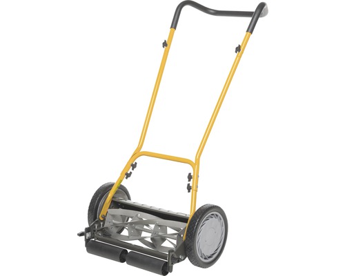 Tondeuse à gazon manuelle avec poignée jaune et roues noires
