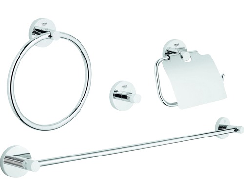 Ensemble pour salle de bains Grohe Essentials Master 4 parties chrome 40776001 Set d''accessoires Grohe Essentials avec anneau porte-serviette, porte-papier toilette, crochet porte-serviette et barre porte-serviette