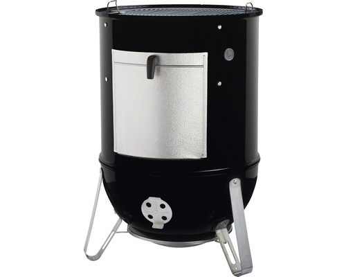 Schwarzer Smoker Grill mit Tür und Thermometer