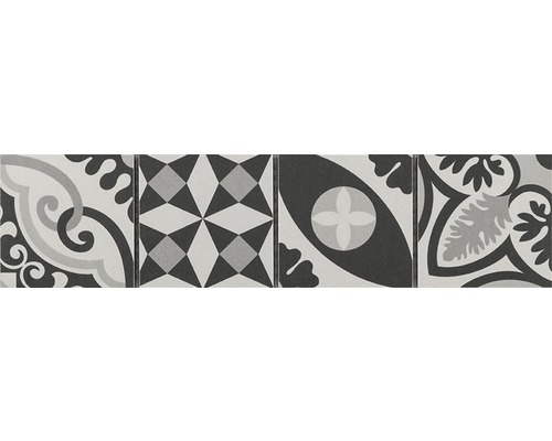 Frise en céramique Patchwork black & white 7,7x31,8 cm Carreaux décoratifs avec motifs floraux et géométriques