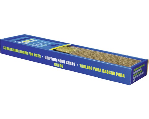 Grattoir pour chat en carton dans un emballage bleu