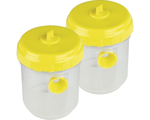 Zwei Insektenfallen mit gelbem Deckel und seitlicher Öffnung.