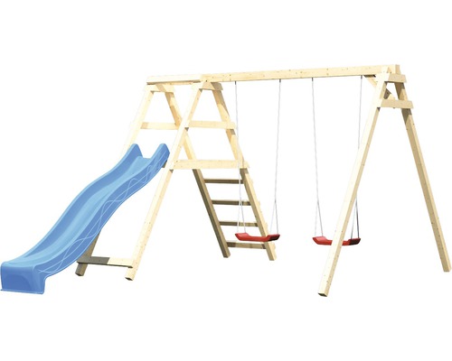 Balancoire en bois avec toboggan et deux balancoires pour le jardin