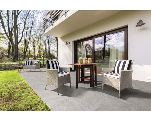 Dalle de terrasse en grès cérame fin Alpen Grigio bord rectifié 60x60x2 cm