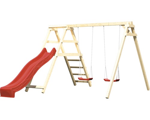 Aire de jeux en bois avec toboggan et balançoire