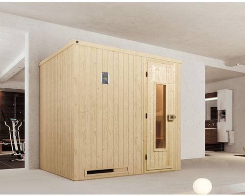 Sauna modulaire Weka Halmstad taille 1 avec poêle 7,5 kW et commande numérique et porte en bois avec verre isolant thermiquement