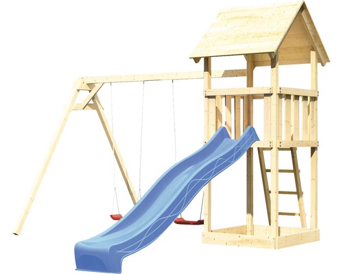 Spielturm aus Holz mit Schaukel und Rutsche