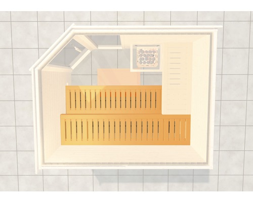 Banquette pour sauna Weka 178,5x55 cm pour largeur de sauna à partir de 194 cm Vue de dessus d''un sauna avec des bancs en bois et un poêle de sauna