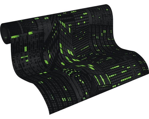 Tapetenrolle mit Muster aus schwarzen Häusern und grünen Fenstern