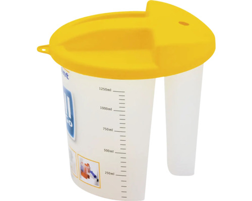 Farbmischbecher mit gelbem Deckel und Messskala bis 1250 ml