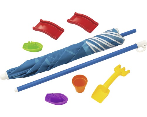 Ensemble de jouets de plage avec parasol, moules, pelle et râteau