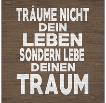 Wandbild mit dem Zitat ''Träume nicht dein Leben, sondern lebe deinen Traum'' auf Holzstruktur