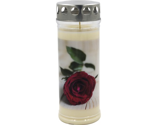 Bougie de tombe avec rose H 22.7 cm rouge-blanc