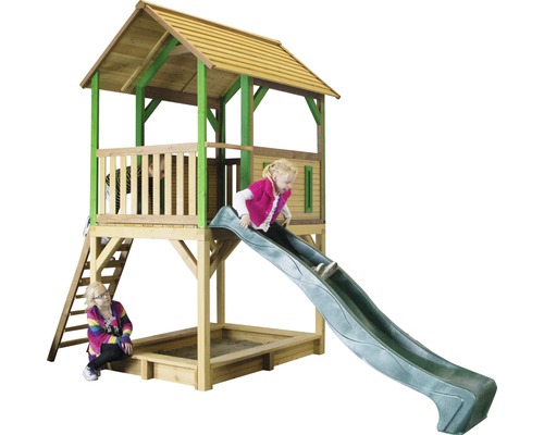 Spielturm axi Pumba Holz mit Sandkasten und Rutsche grün gebeizt