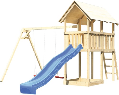 Tour de jeu avec toboggan et balançoire en bois