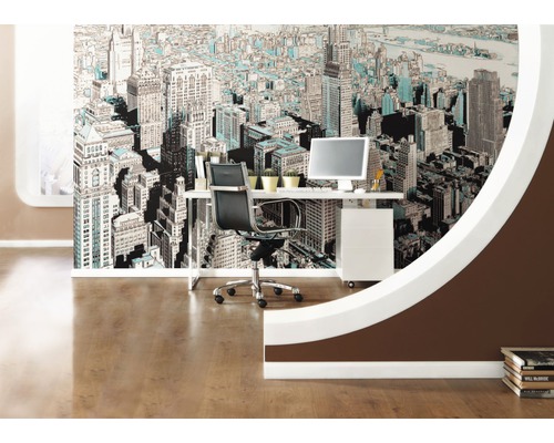 Büro mit Schreibtisch, Bürostuhl und New York Skyline Tapete