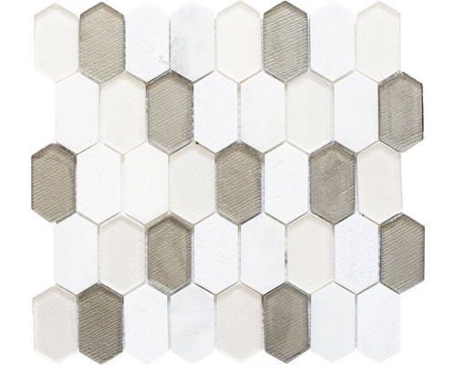 Mosaïque de verre XCM IN69, MIX BEIGE, 30.5x29.5 cm Mosaïque en forme d''hexagone allongé en verre et pierre naturelle