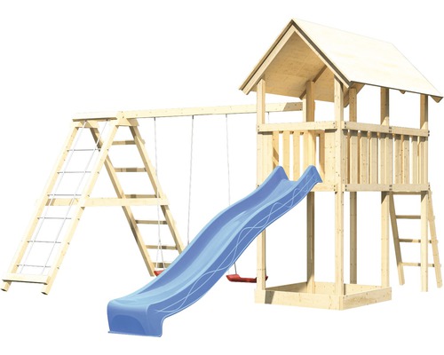 Aire de jeux en bois avec toboggan, balançoire et structure d''escalade pour le jardin