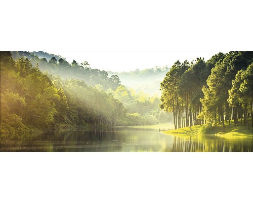 Landschaft mit See, Wald und Morgennebel