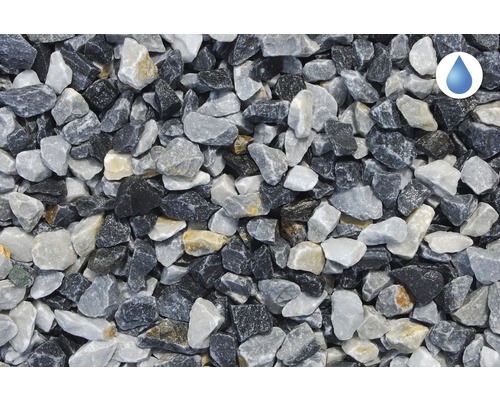 Gros plan de gravillons décoratifs avec un symbole de perméabilité à l''eau